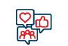 Three red and white speech bubbles with hearts, thumbs up, and thumbs down symbols. AI generated content