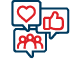 Three red and blue speech bubbles with hearts and thumbs up. AI generated content