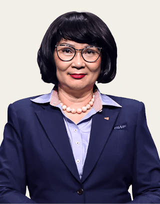 A woman in a suit and tie stands on a white background. AI generated content