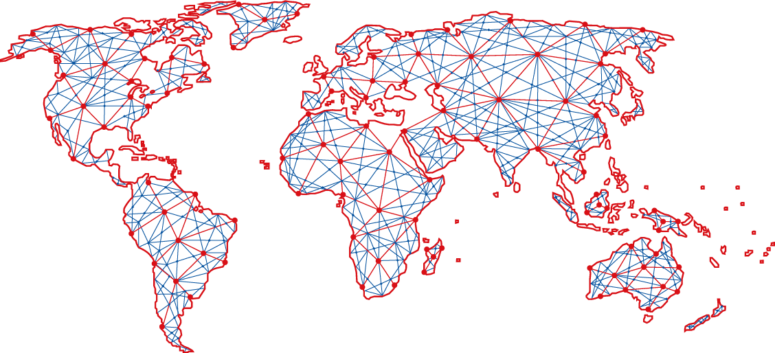 A map of the world is shown with red and blue lines connecting the countries. AI generated content