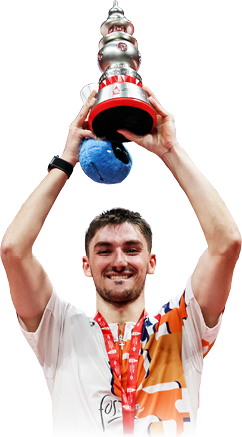 A man is holding a trophy above his head. AI generated content