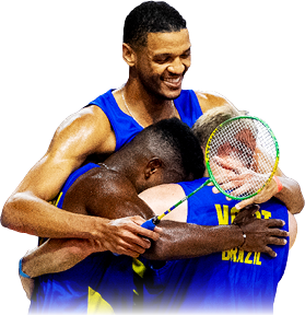 Three men in blue and yellow sports uniforms hugging each other. AI generated content