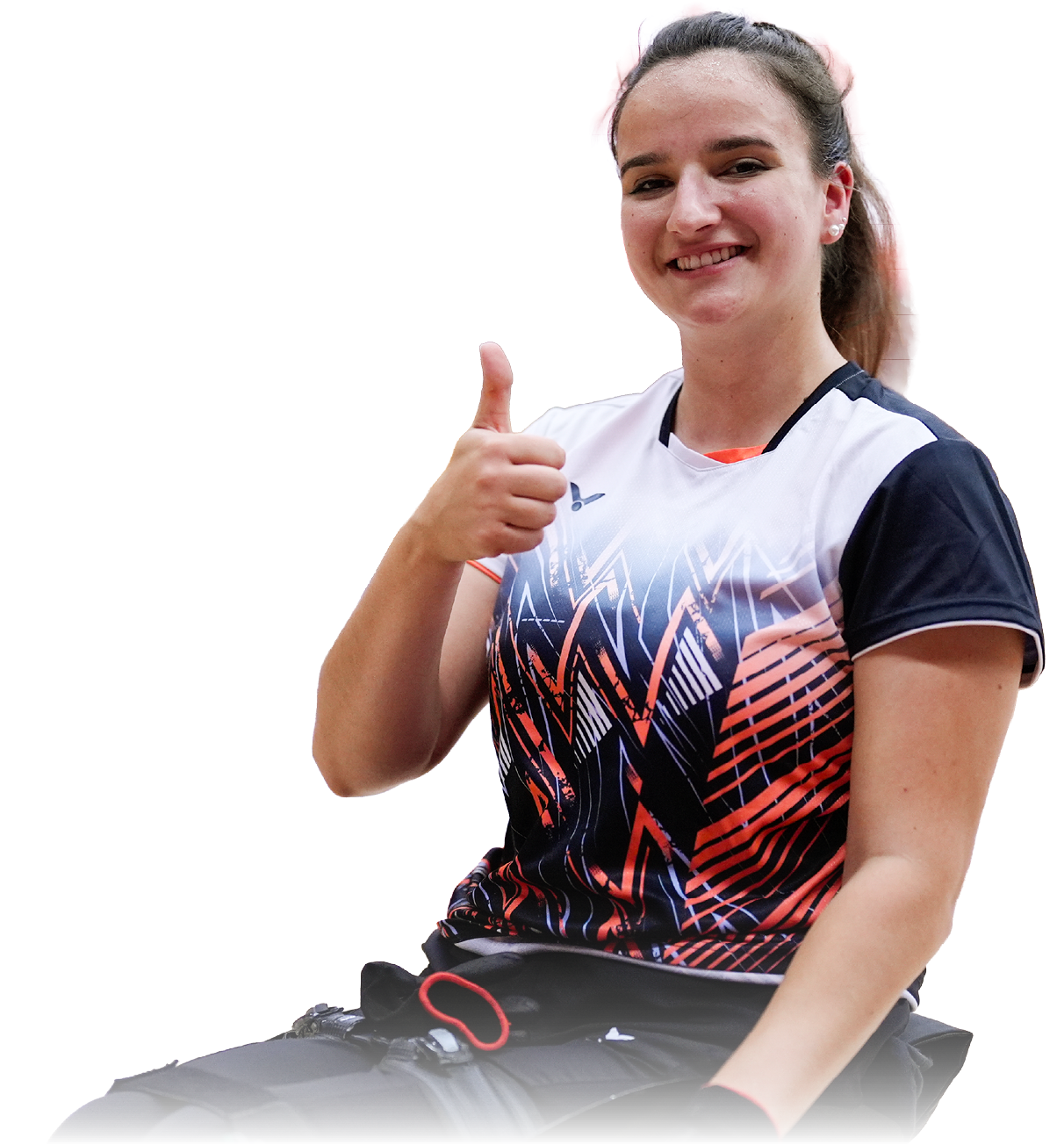 A woman wearing a black and white shirt gives a thumbs up. AI generated content