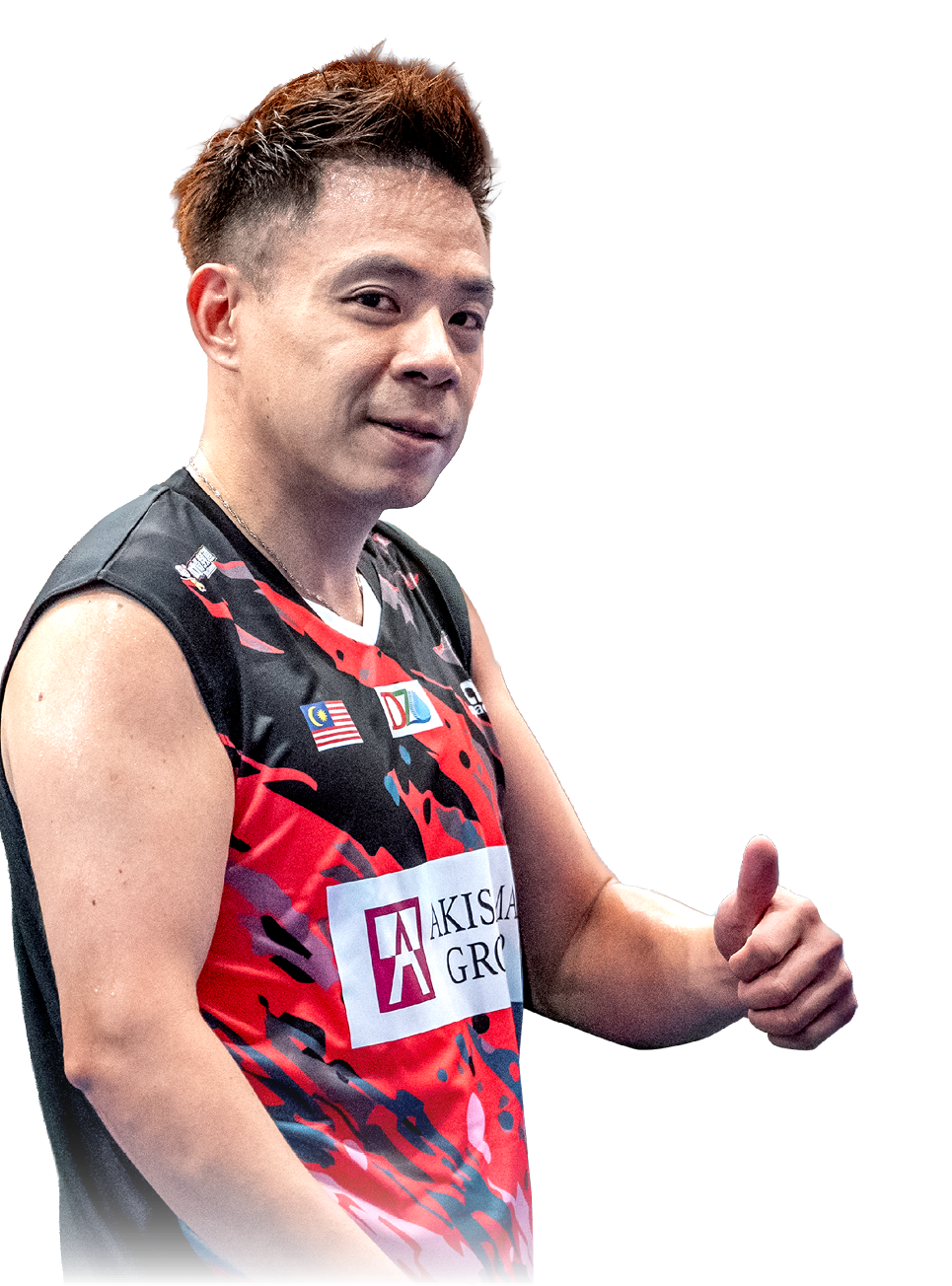 A man wearing a red and black shirt with a logo on it. AI generated content