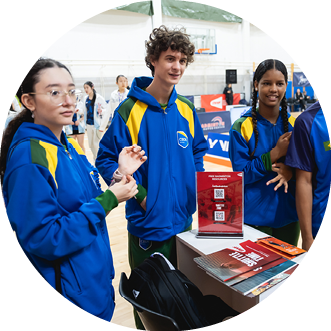 A group of people are standing around a table with a red box on it. AI generated content