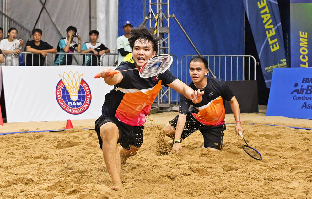 Two men playing tennis on a sandy court. AI generated content